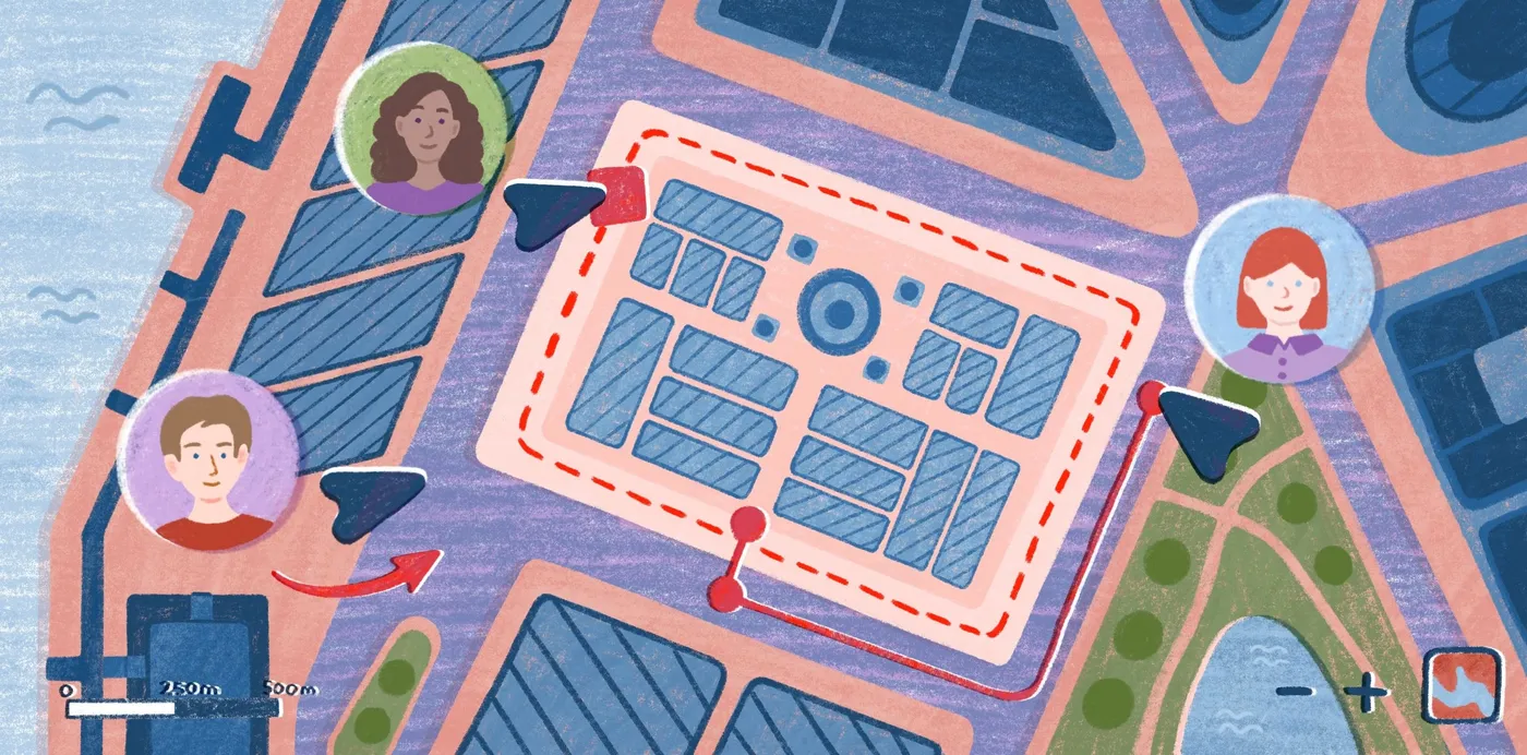 An illustration of three collaborators' avatars around a site plan outlined with a dashed red boundary