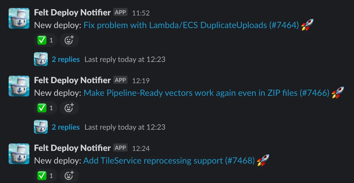 Slack messages from the Felt Deploy Notifier announcing new deploys, each confirmed with a check mark reaction