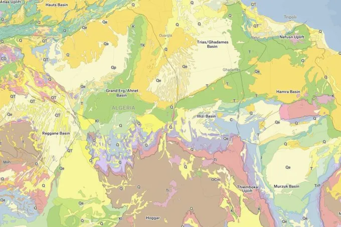 A Felt map of geological units across Algeria and Libya, colored by category with basin names labeled
