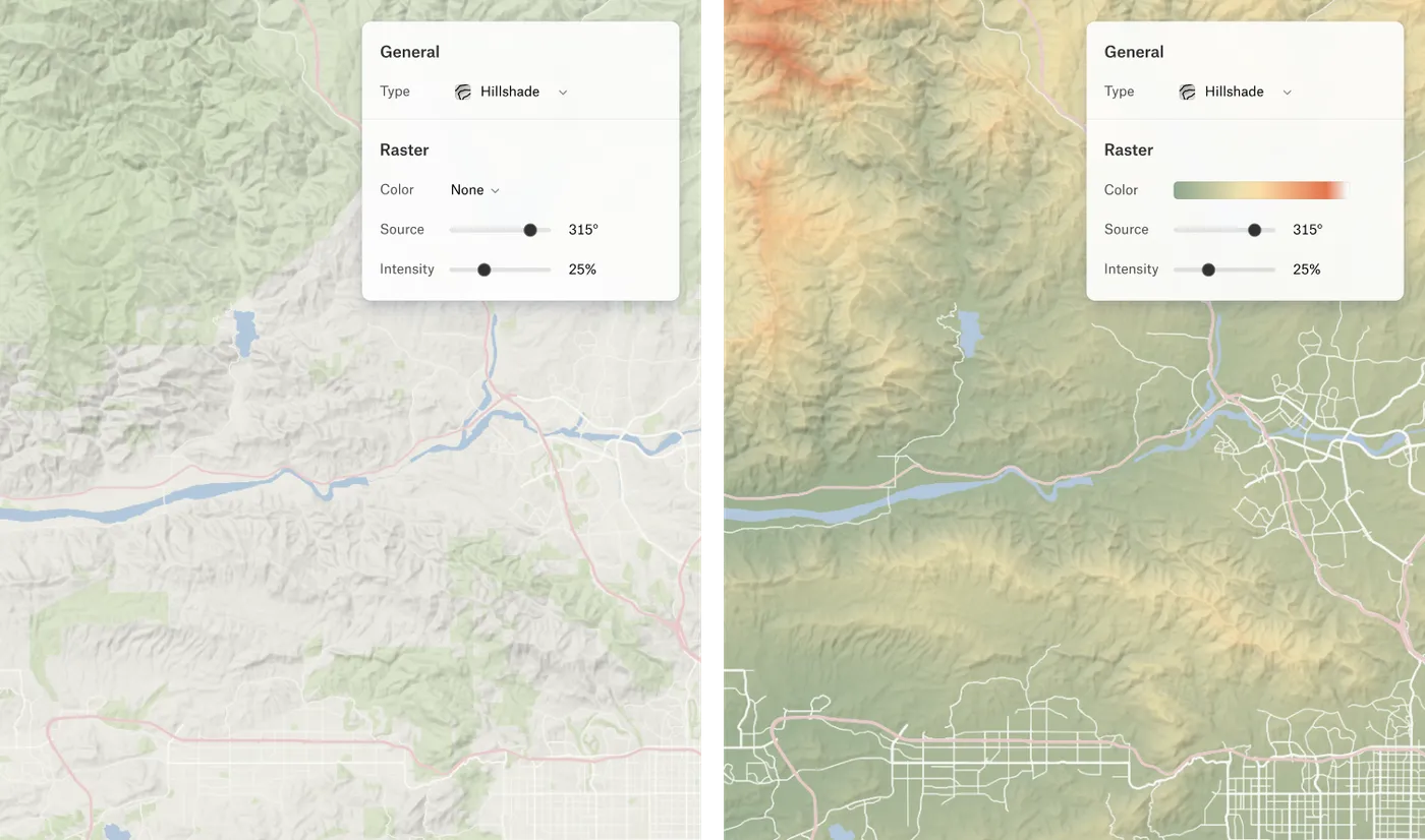 Side-by-side Felt hillshade maps of a hilly region, plain on the left and color tinted on the right