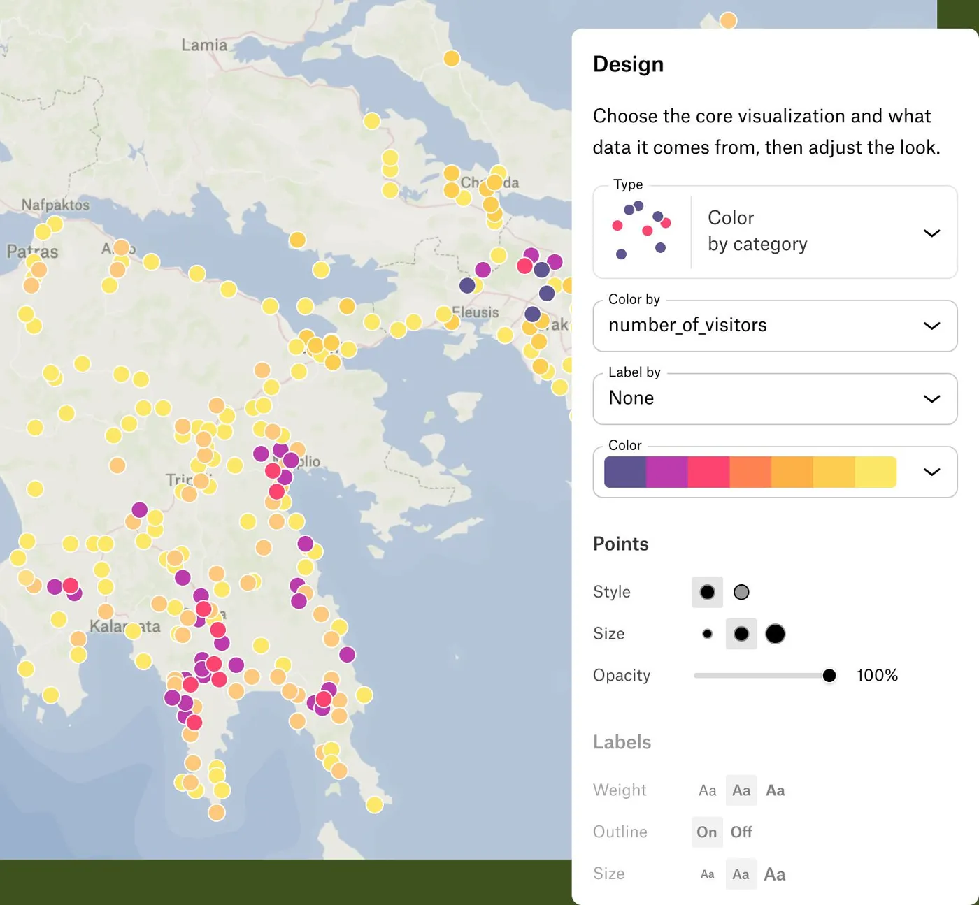 The Felt design panel coloring points across southern Greece by number of visitors