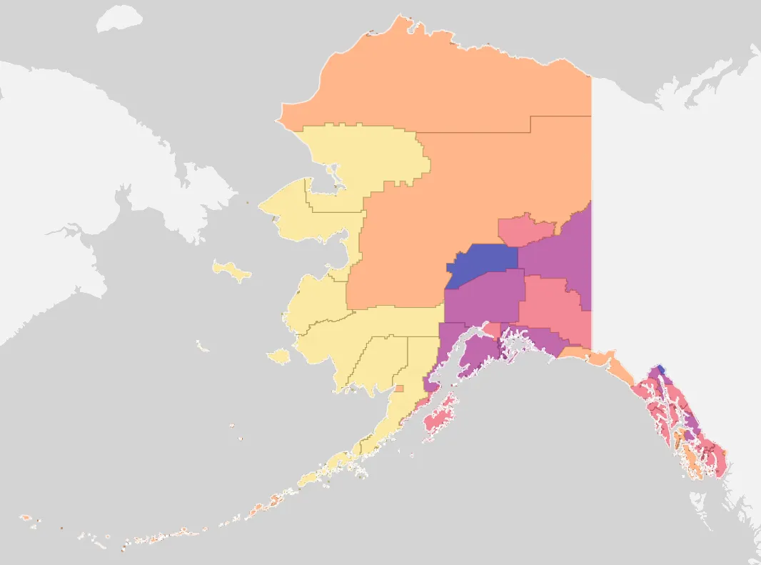 The same percent white population choropleth, showing Alaska's boroughs and census areas