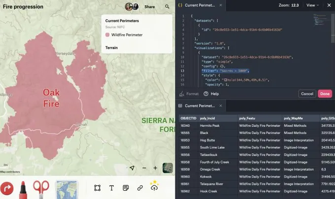 A Felt map of the Oak Fire perimeter beside the style editor, where a filter on acres is highlighted