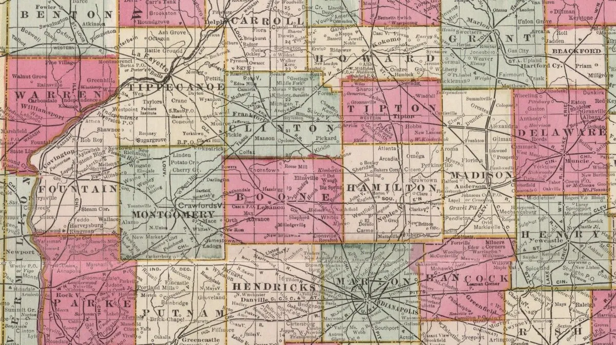 A vintage map of central Indiana counties, each name lettered across its county