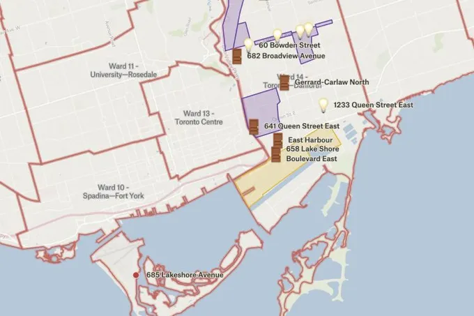 A Felt map of Toronto wards marking proposed affordable housing sites around Danforth Avenue