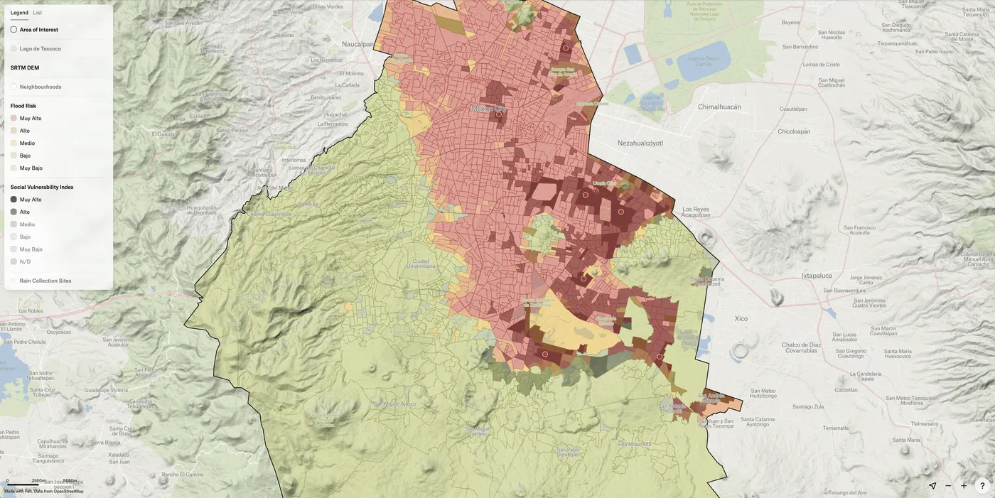 A Felt map of Mexico City flood risk and vulnerability with pins placed in highly vulnerable areas