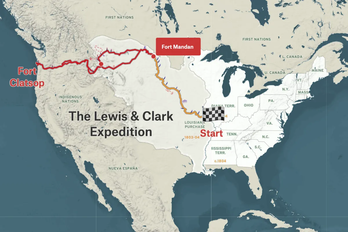 The Lewis and Clark Expedition traced from its start on the Mississippi through Fort Mandan to Fort Clatsop, over a historical base map.