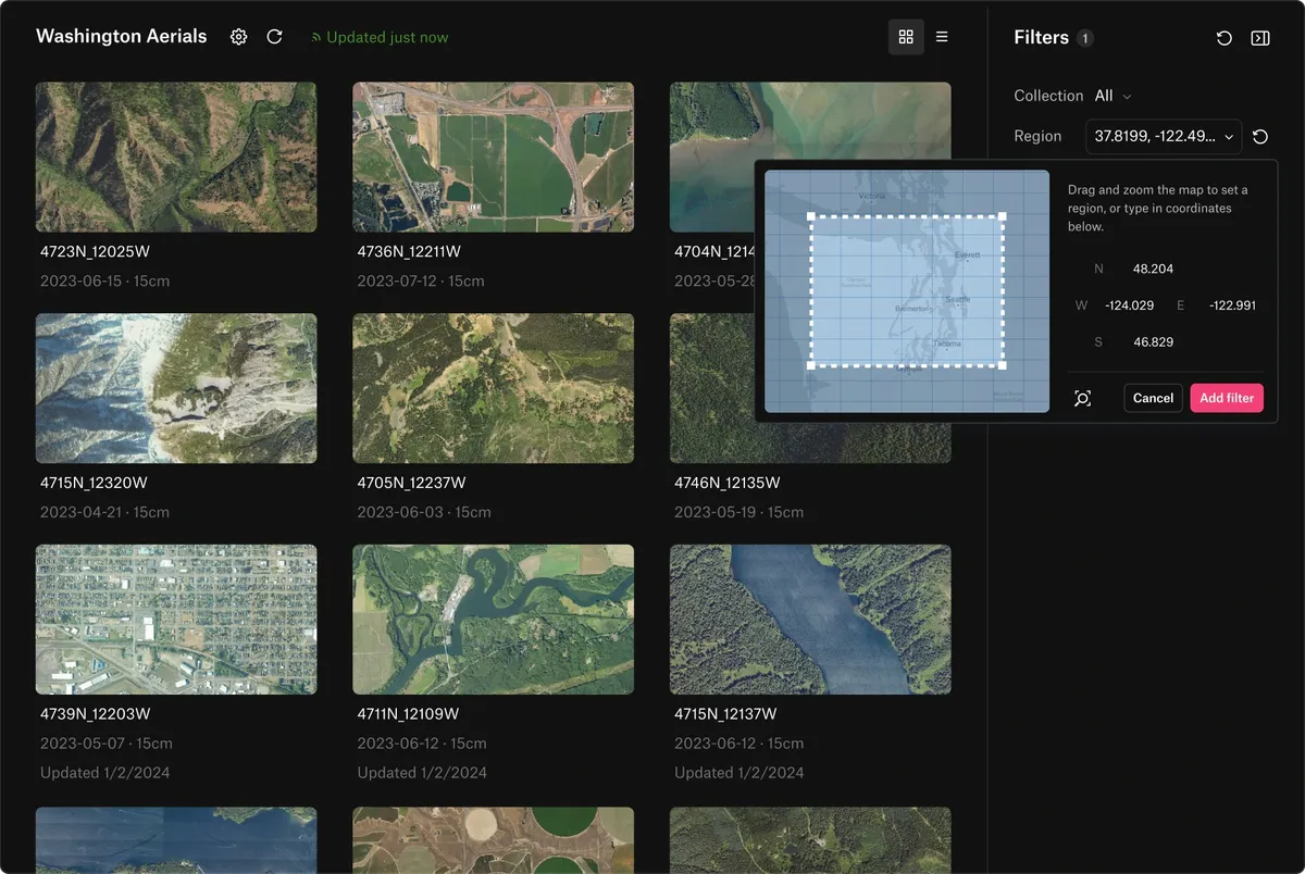 A catalog of Washington aerial images in Felt, filtered to a region drawn on a map