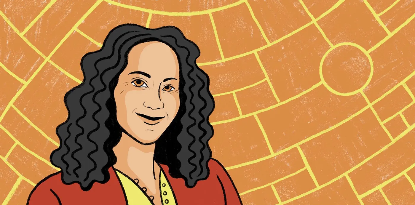 An illustrated portrait of cartographer Brooke Marston against an orange map graticule