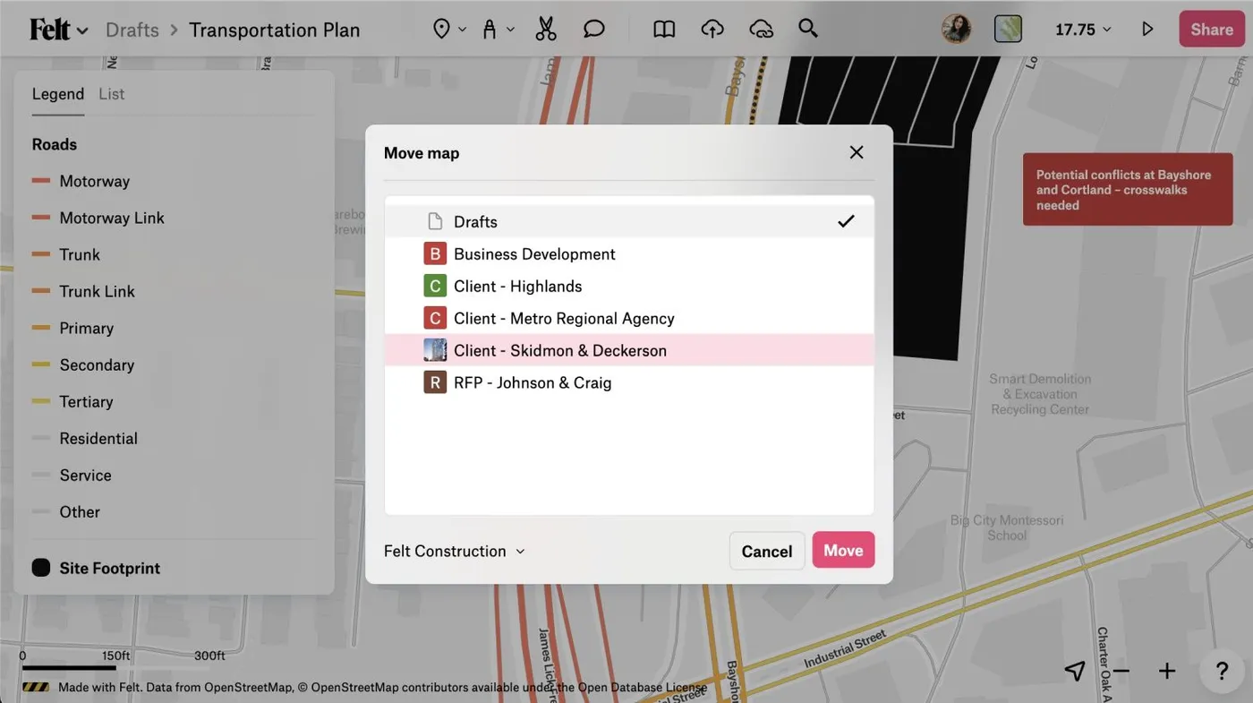 The Felt move map dialog moving a draft Transportation Plan map into a workspace project