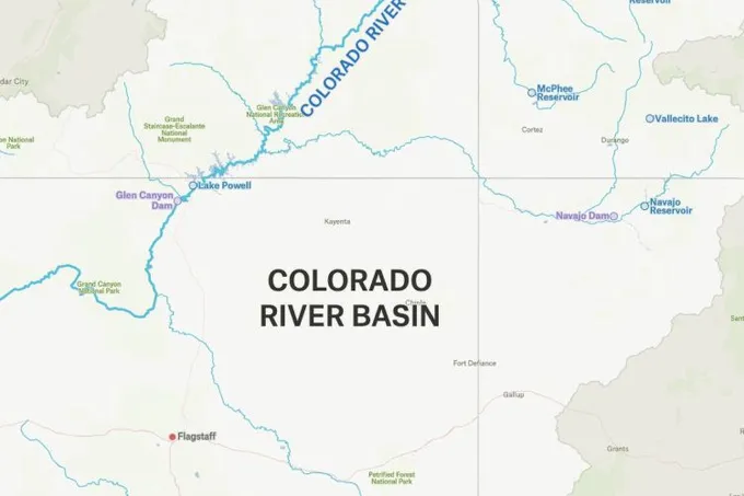 A Felt map of the Colorado River Basin with the river, Lake Powell, Glen Canyon Dam and nearby reservoirs labeled