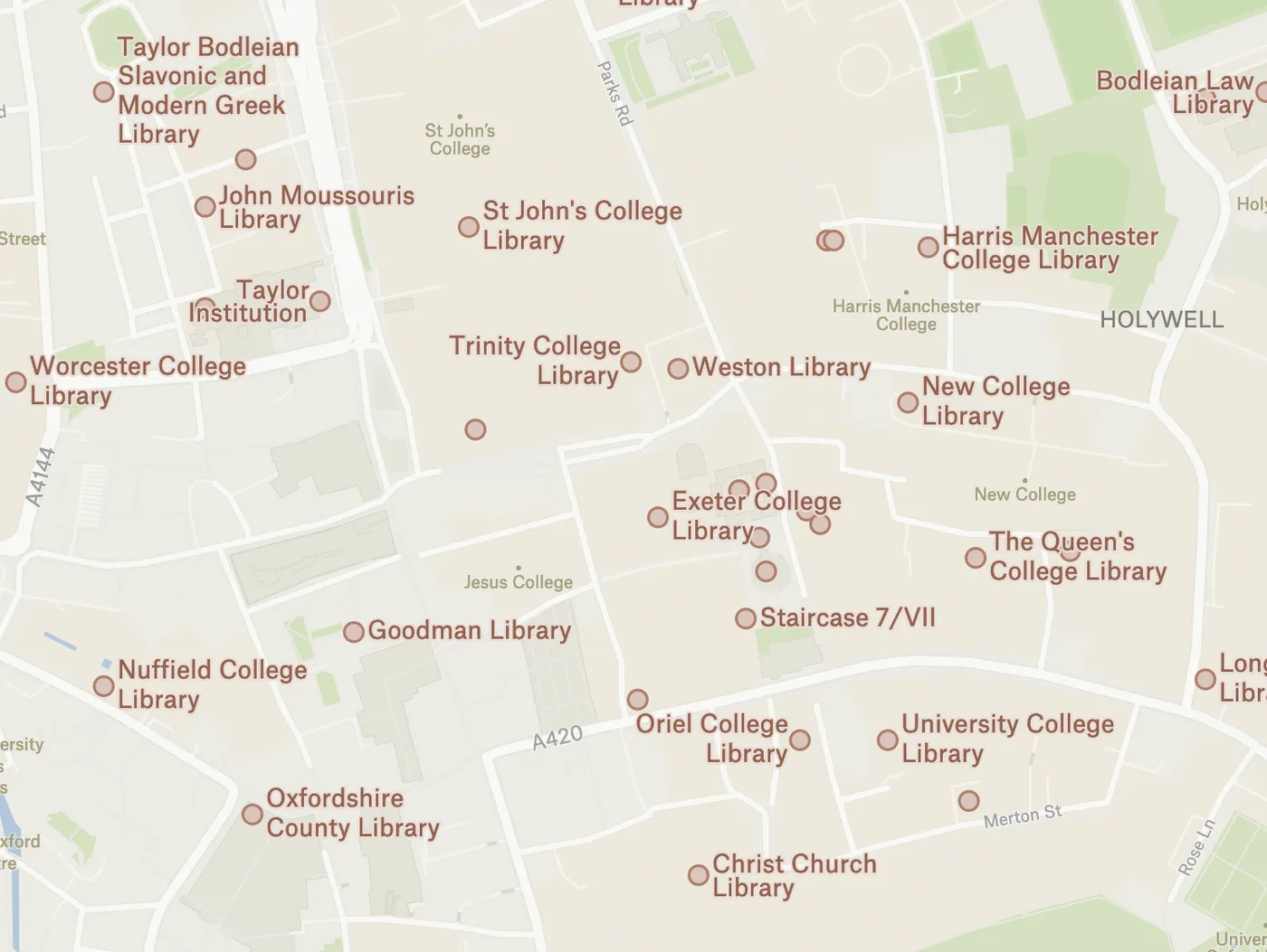 A Felt map of central Oxford with library locations marked and labeled, including college libraries