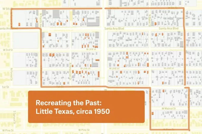 A map of the Little Texas neighborhood of Santa Ana with buildings highlighted in orange, titled Recreating the Past