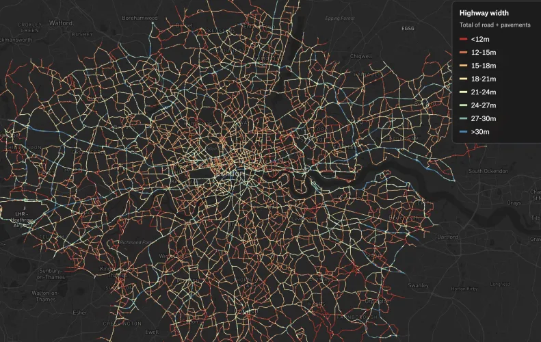 A Felt map of Greater London roads on a dark basemap, colored by total highway width