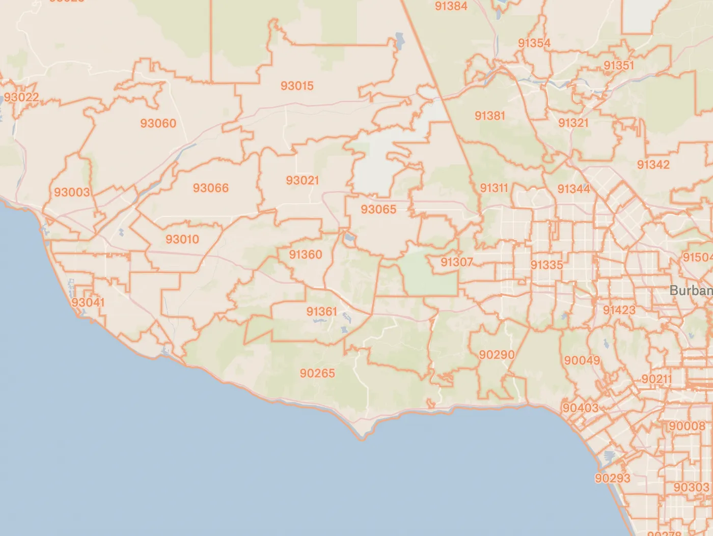 A Felt map of ZIP code boundaries along the coast west of Los Angeles, labeled by code