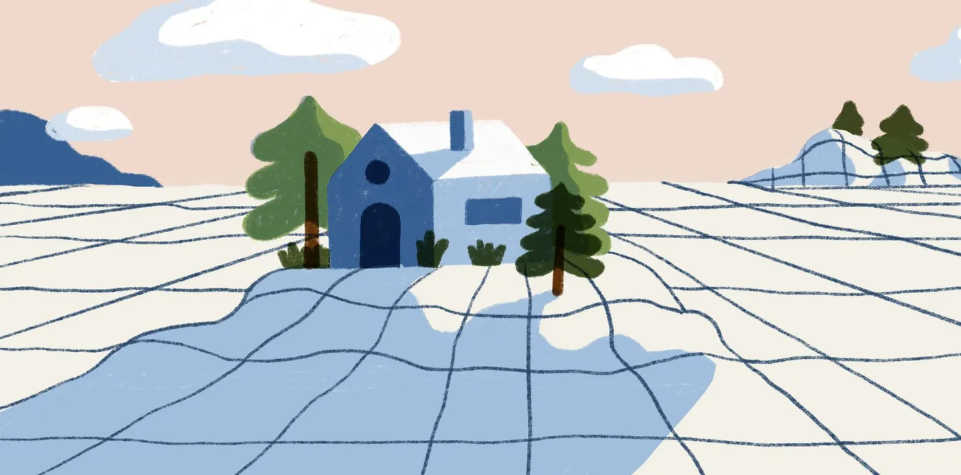 An illustration of a house among pine trees on a landscape draped with a warped map grid