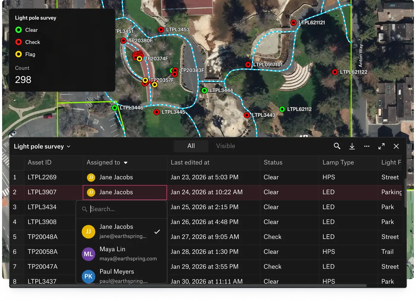 Assign crew members, track status, and manage scheduling as native survey fields alongside your collected data.