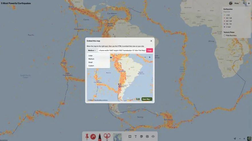 A screenshot of the Felt Embed this map dialog with size options and a preview of the earthquake map