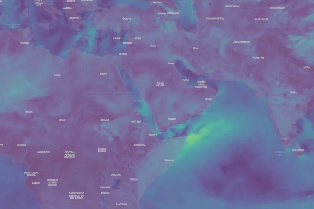A Felt wind gust map of Africa and the Middle East with strong winds off the Horn of Africa over the Arabian Sea