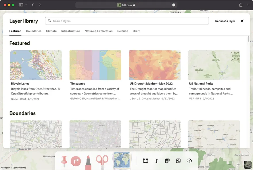 The Felt layer library showing featured layers such as bicycle lanes, time zones, drought monitor and national parks