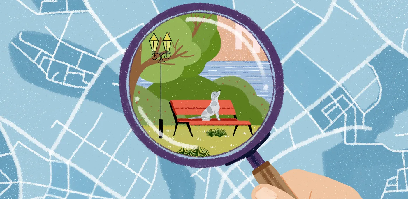 An illustration of a hand holding a magnifying glass over a street map, revealing a park bench and a dog