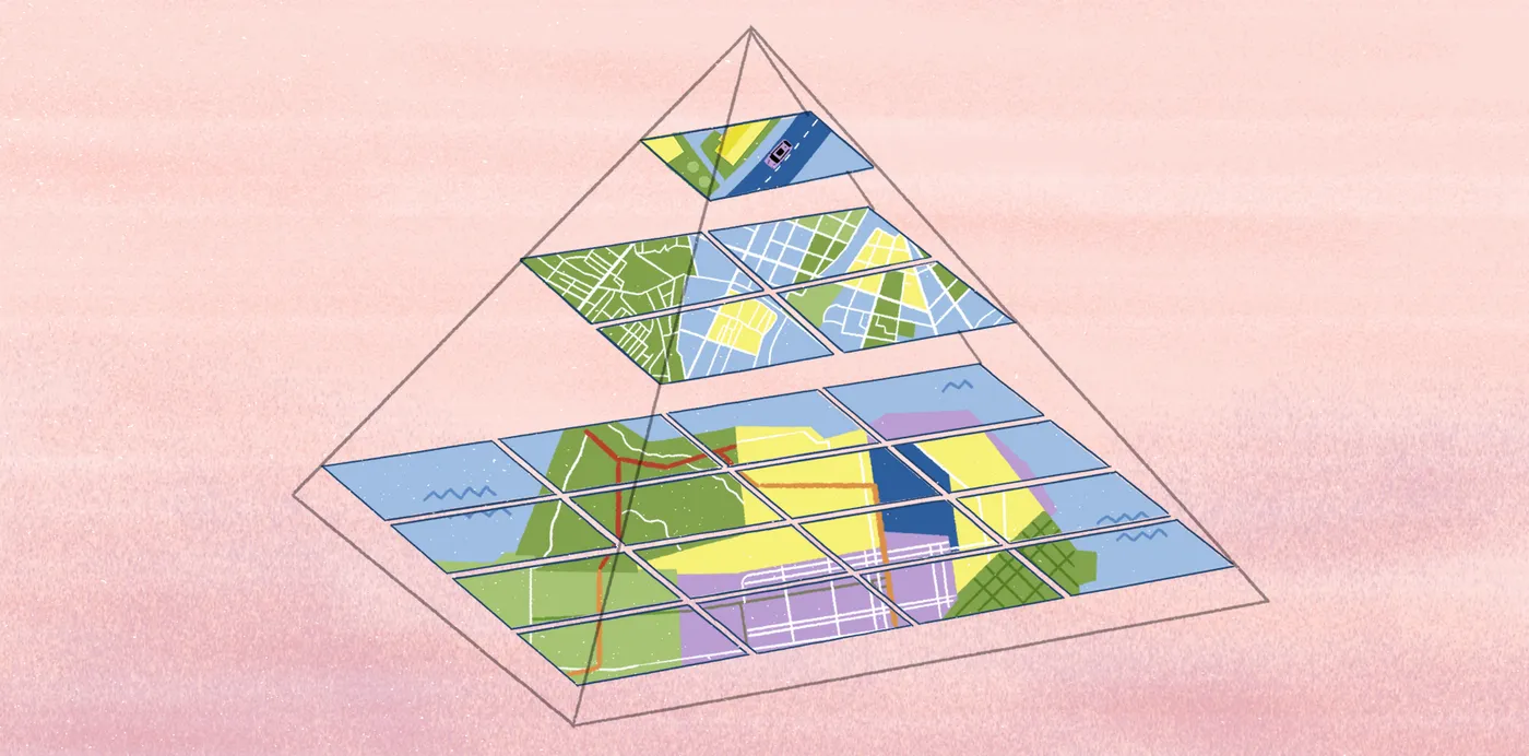 An illustration of a tile pyramid, with map tiles splitting into finer, more detailed tiles at each level