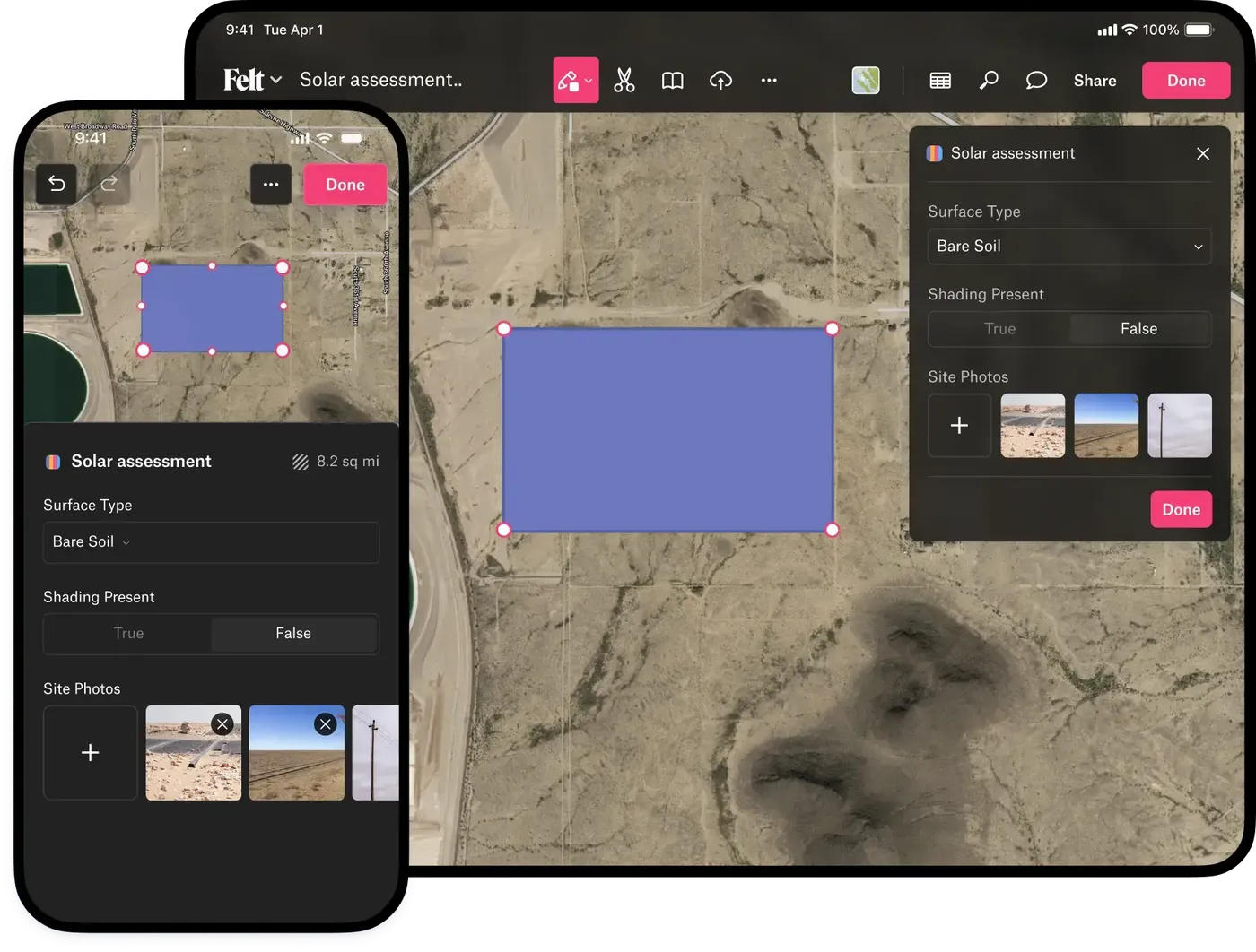 Felt's Field App on a phone and a tablet, editing a solar assessment polygon with a surface type, a shading toggle, and site photos