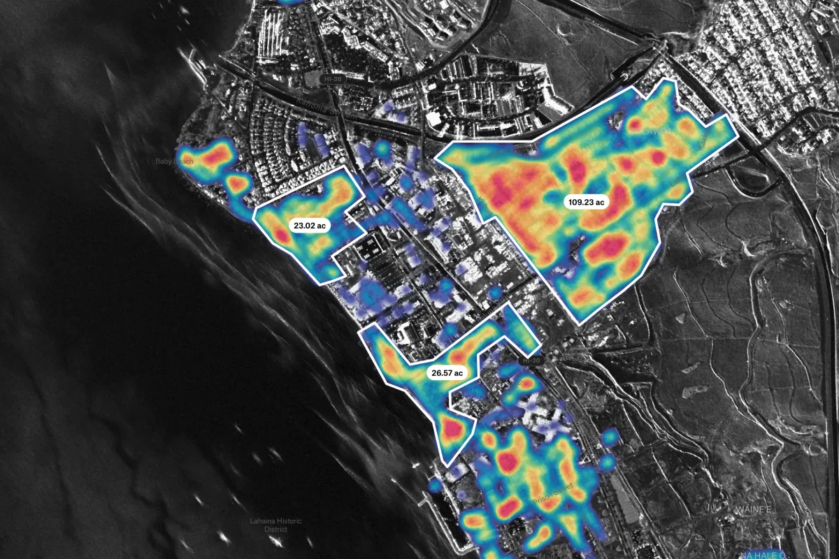 A Felt map of SAR satellite imagery with a damage heat map and three outlined areas of 23.02, 26.57 and 109.23 acres