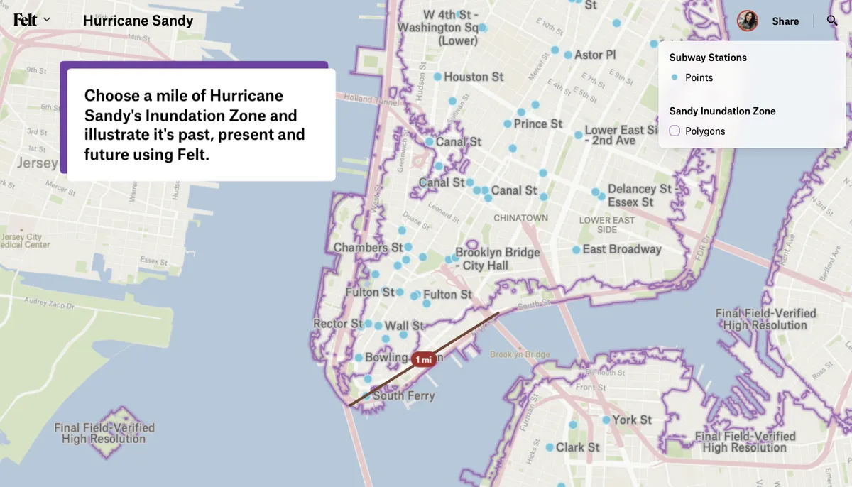 A Felt map of Lower Manhattan with the Hurricane Sandy inundation zone, subway stations and a one-mile assignment line
