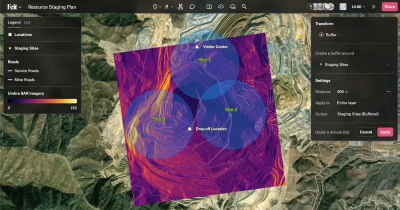 A Felt map of a mine site with Umbra SAR imagery and the buffer tool drawing 900 m circles around three staging sites