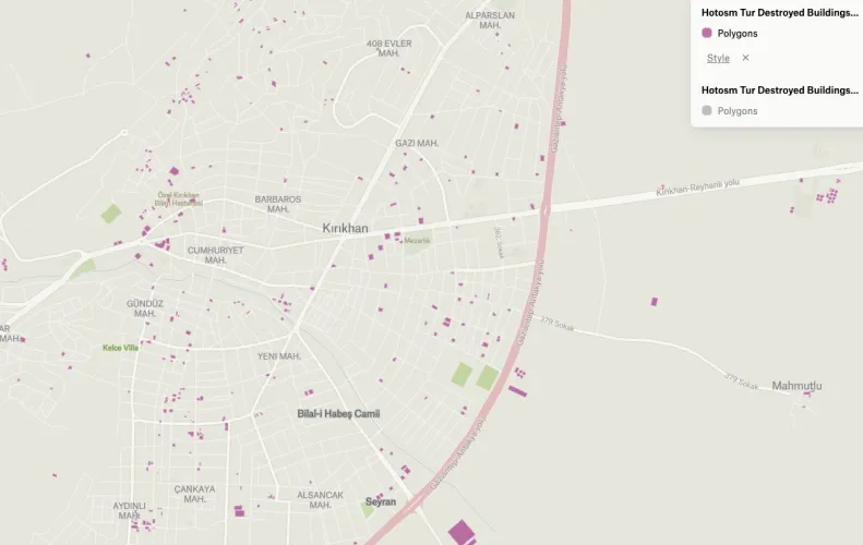 A Felt map of Kirikhan, Turkey, with buildings destroyed in the earthquake marked in purple