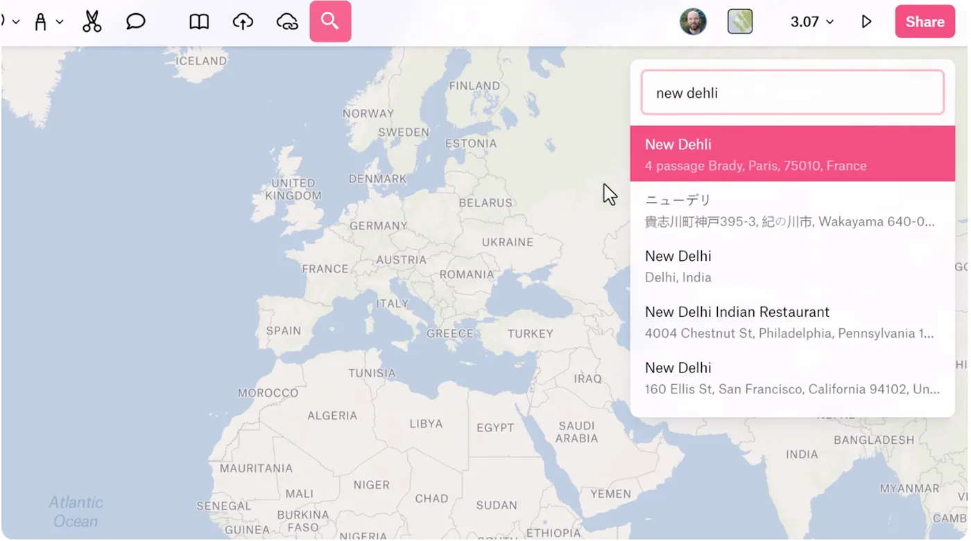 Screenshot from Felt’s Youtube video, “Getting Started with Felt 2/6 - Draw Data and Annotate the Map,” showing the Search Bar feature for New Delhi, India.