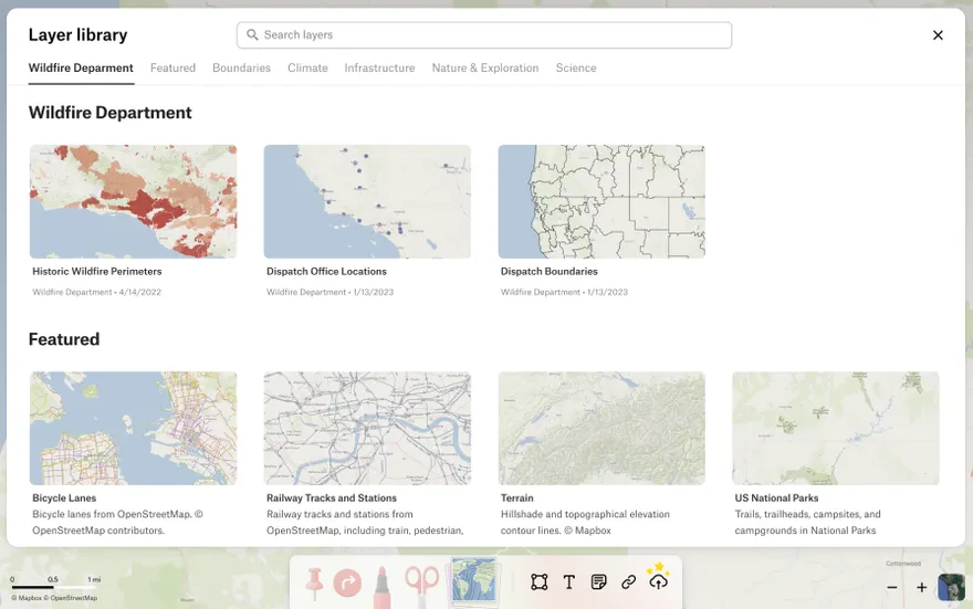 A screenshot of the Felt layer library with team layers such as historic wildfire perimeters and featured layers