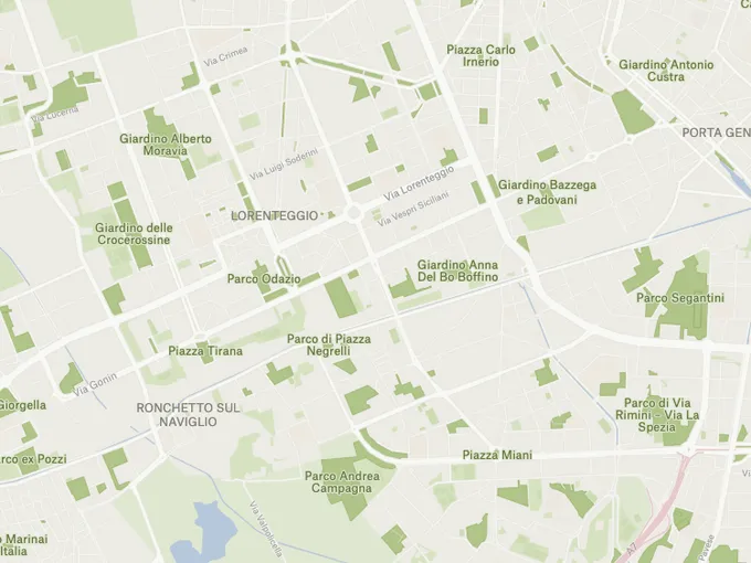 A Felt map of Milan neighborhoods with local parks and gardens from OpenStreetMap shaded green