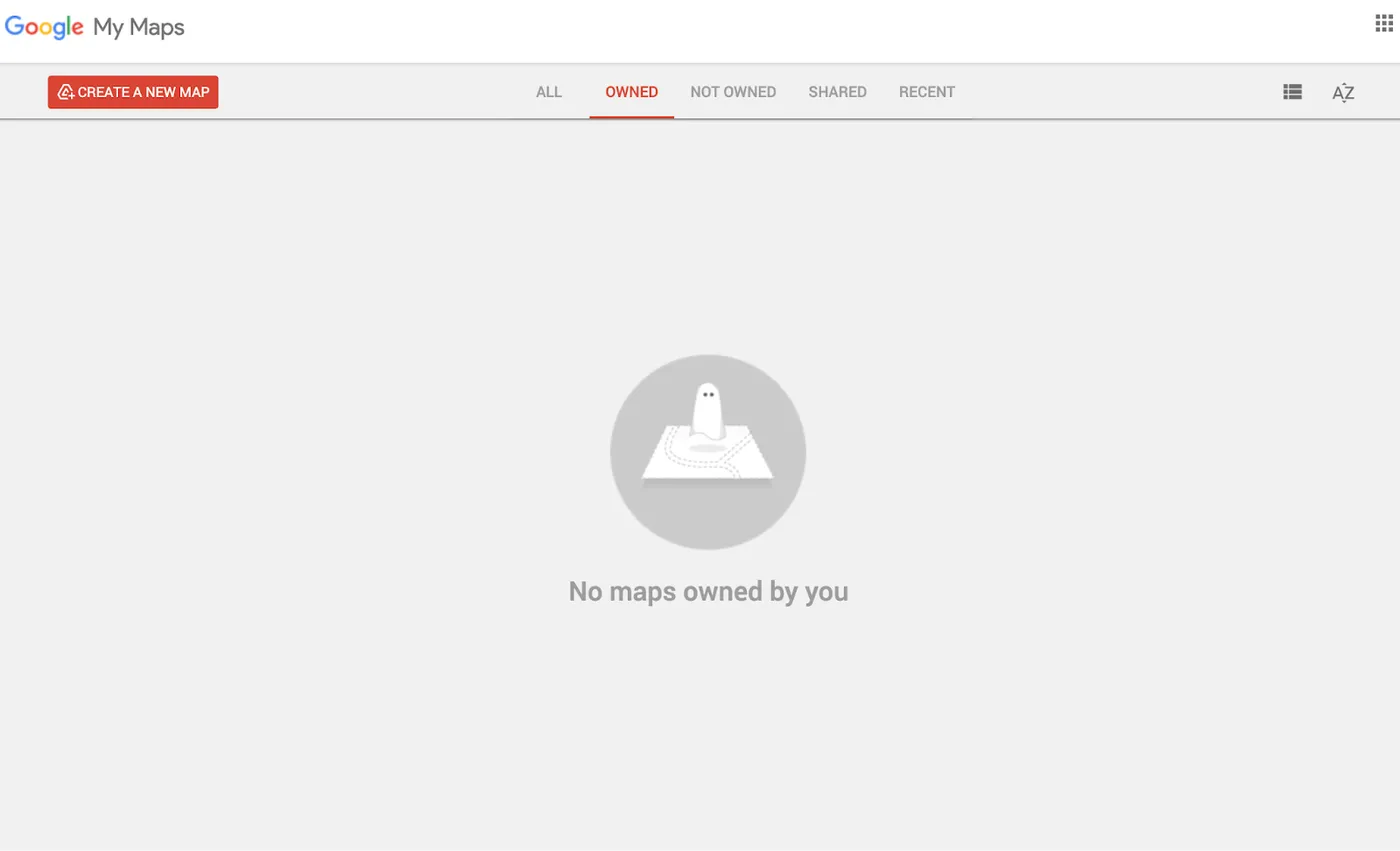 A screenshot of the Google Maps “Create a New Map” function, showing no existing maps created in the tool.