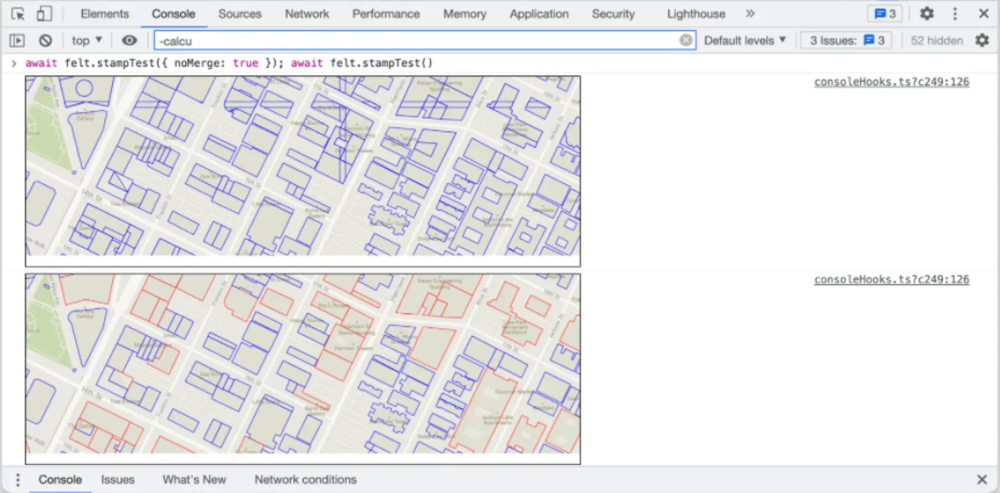 A screenshot of the browser console showing two map images of building outlines from a felt.stampTest command