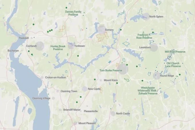 A Felt map of Westchester County, New York, marking land trust preserves and conservation easements