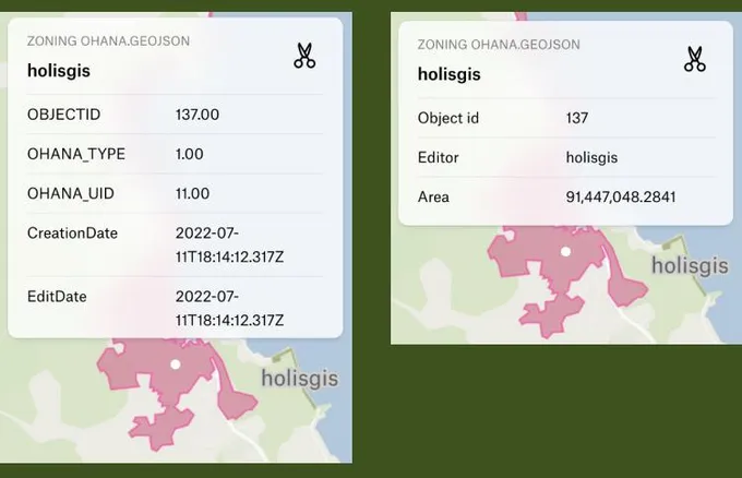 Two popups for the same zoning polygon, one with all raw fields and one trimmed and reformatted with a style