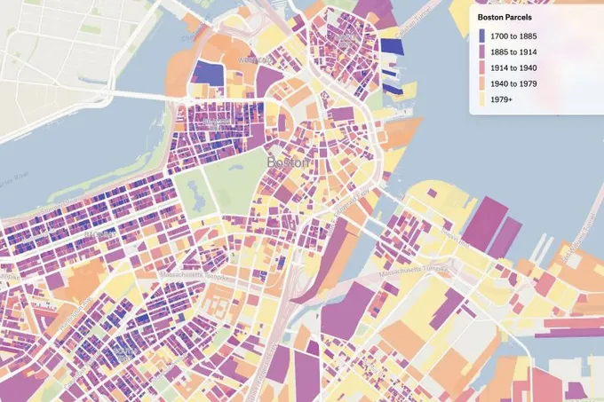 A Felt map of central Boston parcels colored by year built, from 1700 to after 1979
