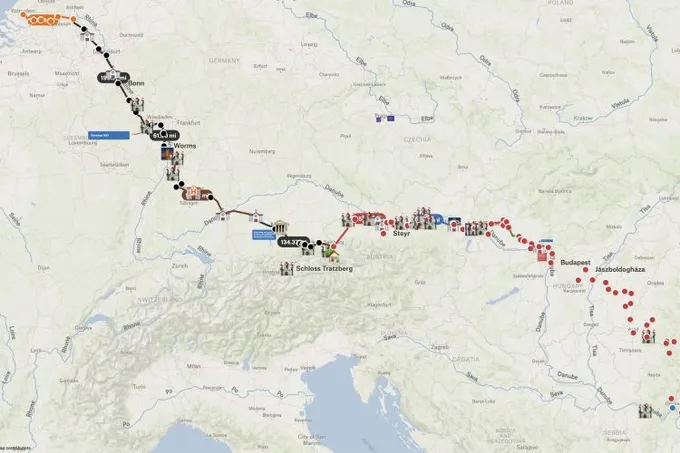 A Felt map tracing a walking route across Europe from the Netherlands along the Rhine and Danube to Hungary