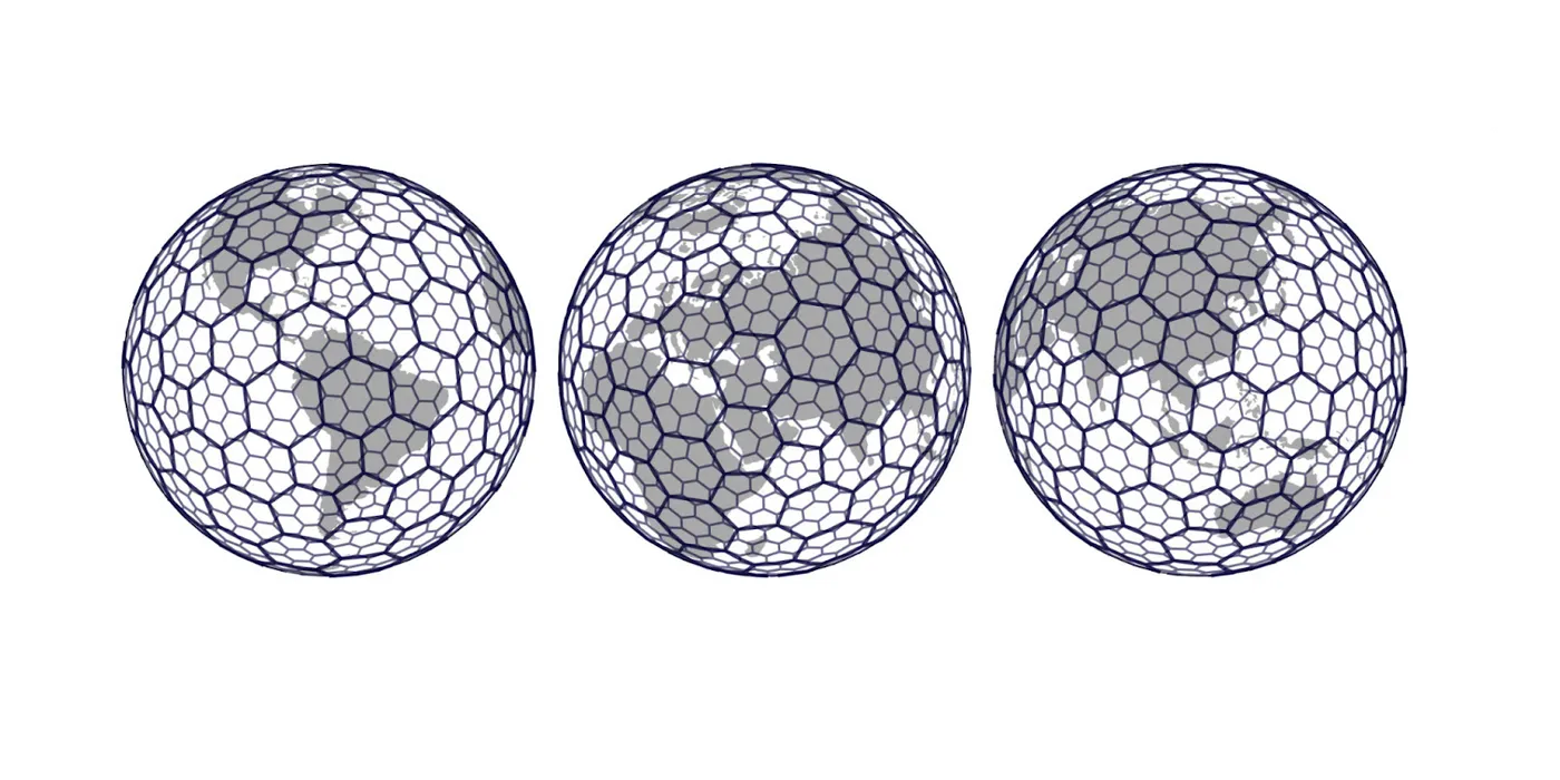 Three perspectives of H3’s hexagonal grid covering the Earth.