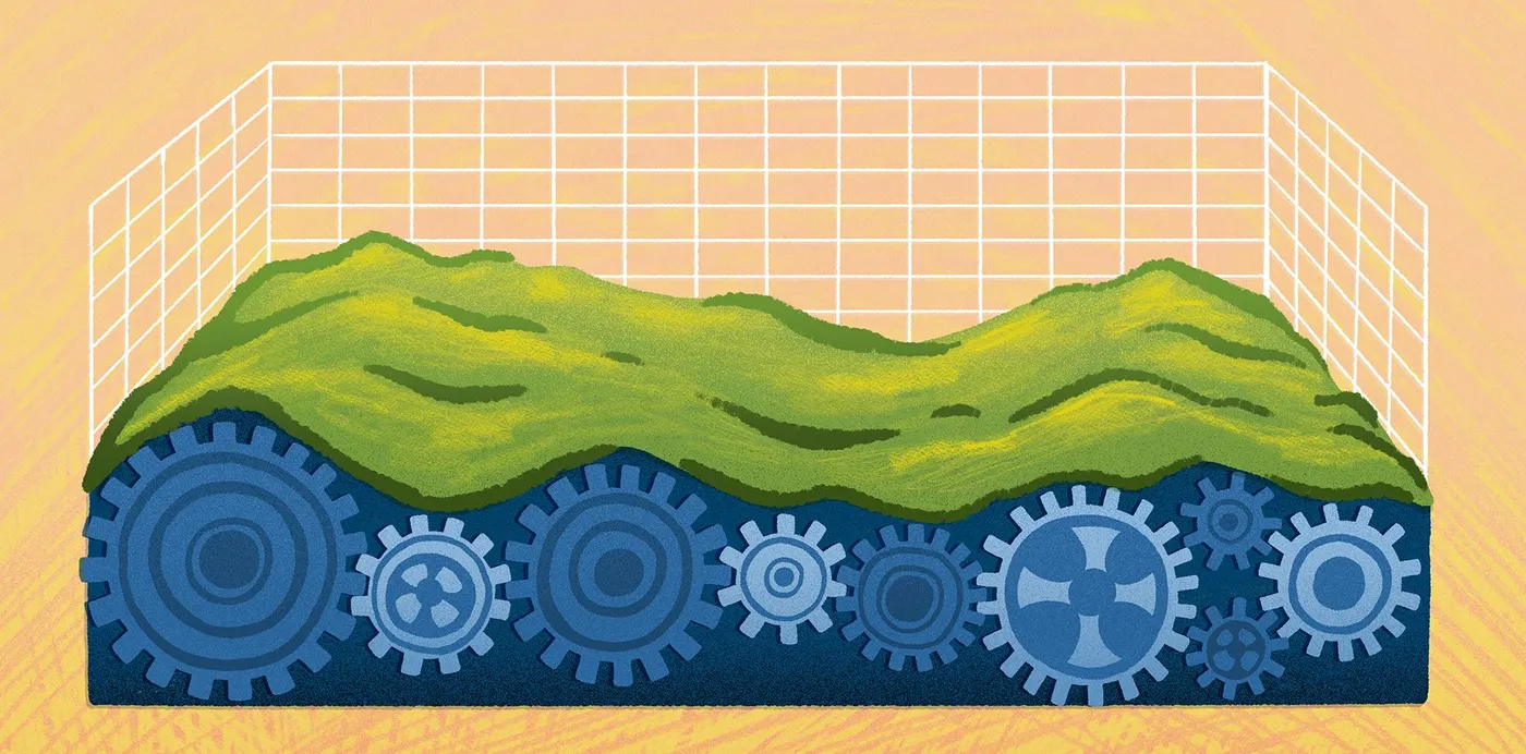 An illustration of a green landscape resting on a layer of blue gears, framed by a white grid