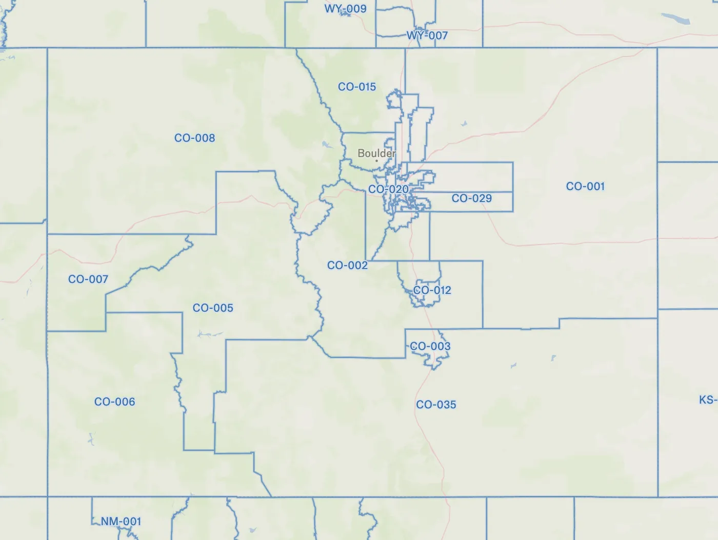 A Felt map of Colorado's state senate districts outlined in blue and labeled by number