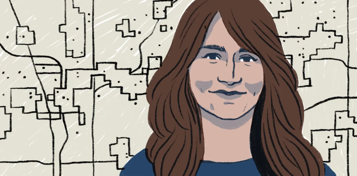 An illustrated portrait of cartographer Lauren Tierney in front of a hand-drawn map of blocky boundaries and roads