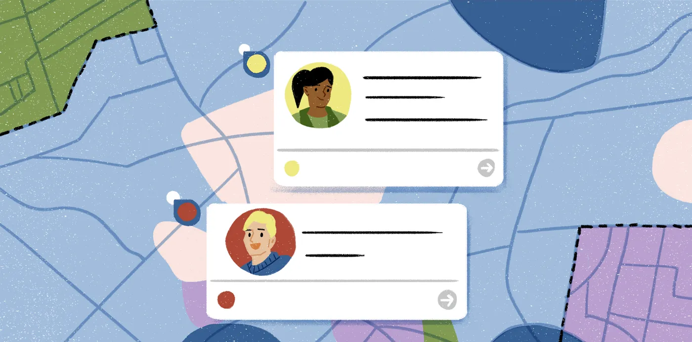 An illustration of two comment cards with user avatars pinned to locations on a map