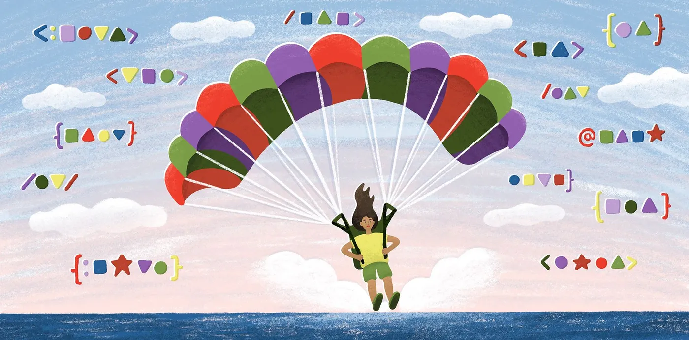 An illustration of a person paragliding down to the sea under a striped canopy, surrounded by code symbols