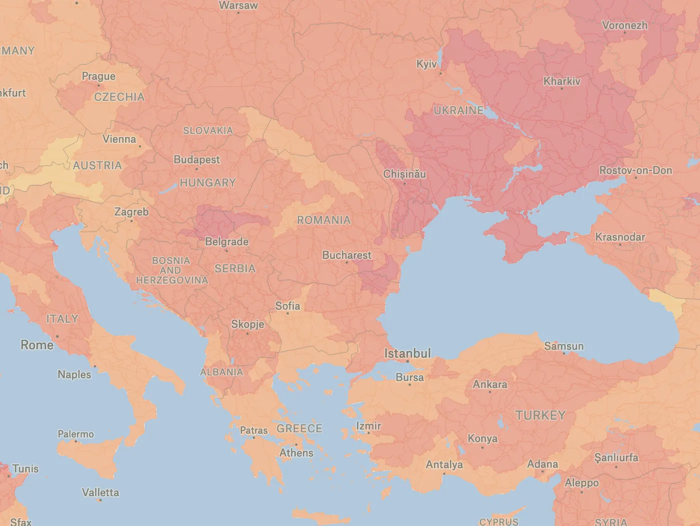 A Felt map of southeastern Europe and Turkey shaded orange to red by drought risk