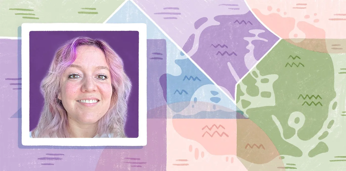 A portrait photo of Vanessa Knoppke-Wetzel framed against an illustrated pastel map