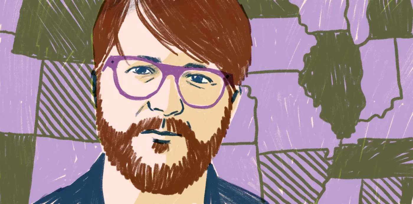 An illustrated portrait of Mike Migurski in purple glasses in front of hand-drawn US state outlines