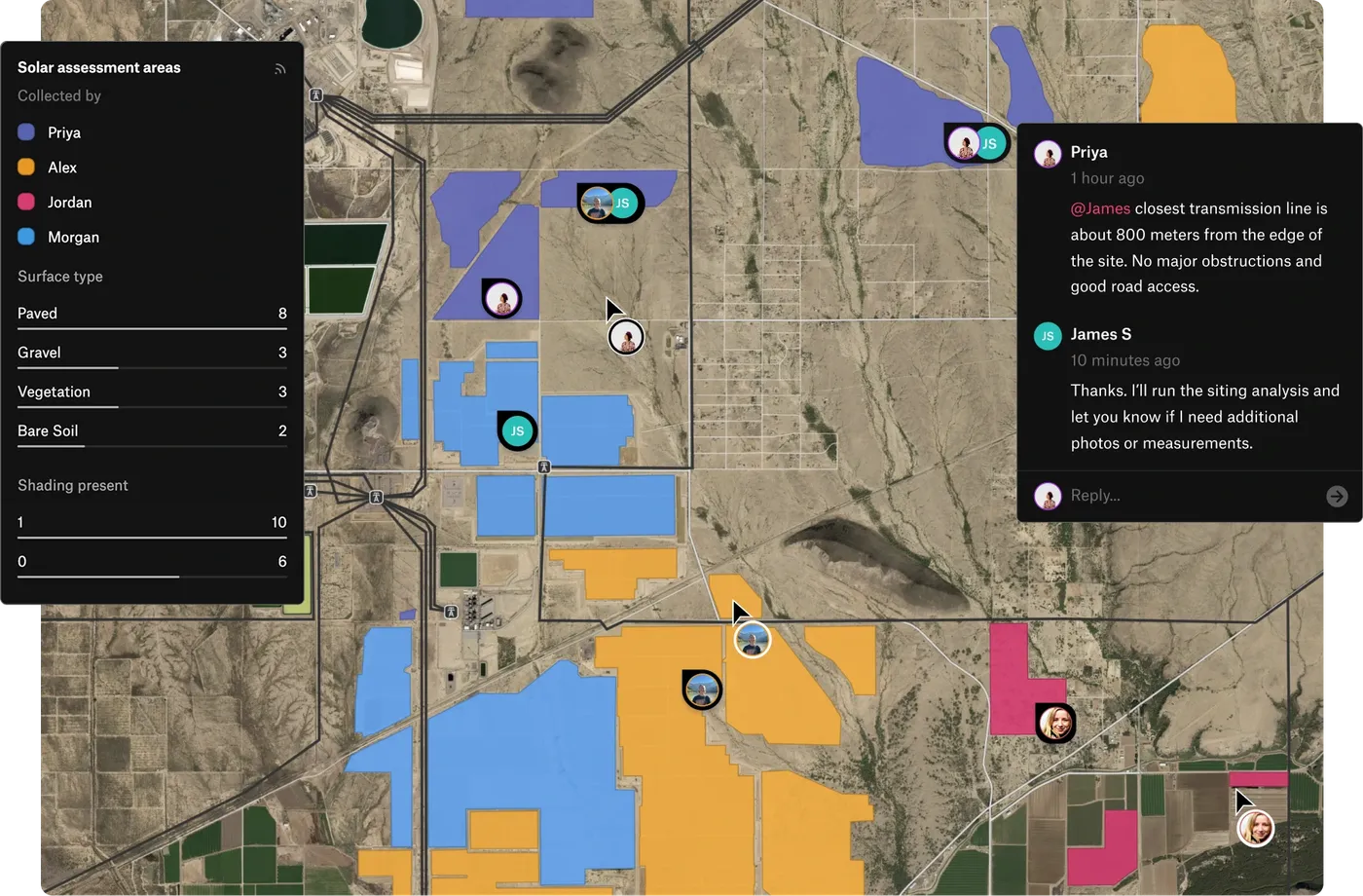 A solar site assessment map with parcels colored by the teammate who collected them, live cursors, and a comment thread discussing the distance to the nearest transmission line.